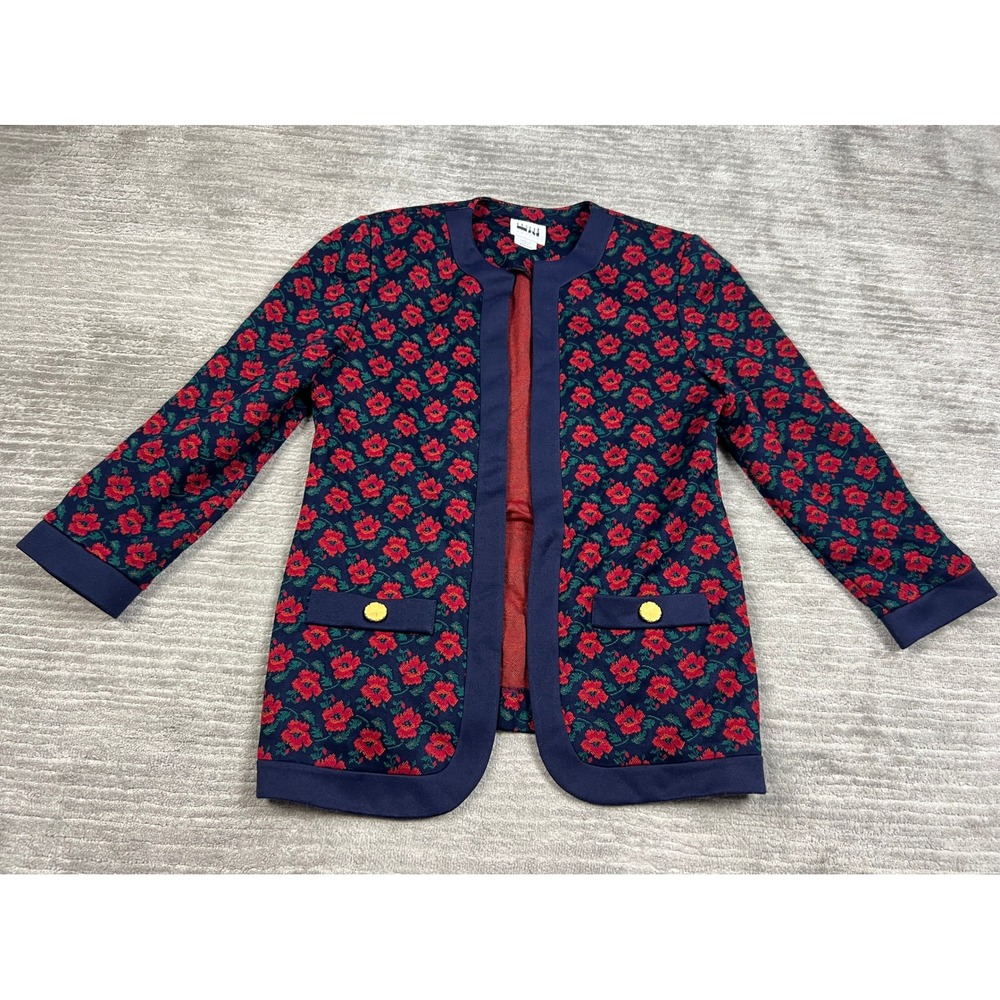 Leslie Fay Cardigan Jacket Womens 12P Navy Red Floral Poppy Vintage Open‎ Front